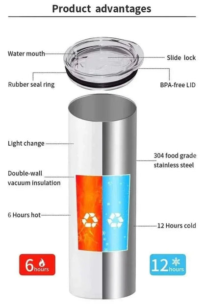 Mommie Peas Creations 20 oz stainless steel tumbler with BPA-free lid, double-wall vacuum insulation keeping drinks hot for 6 hours or cold for 12 hours.