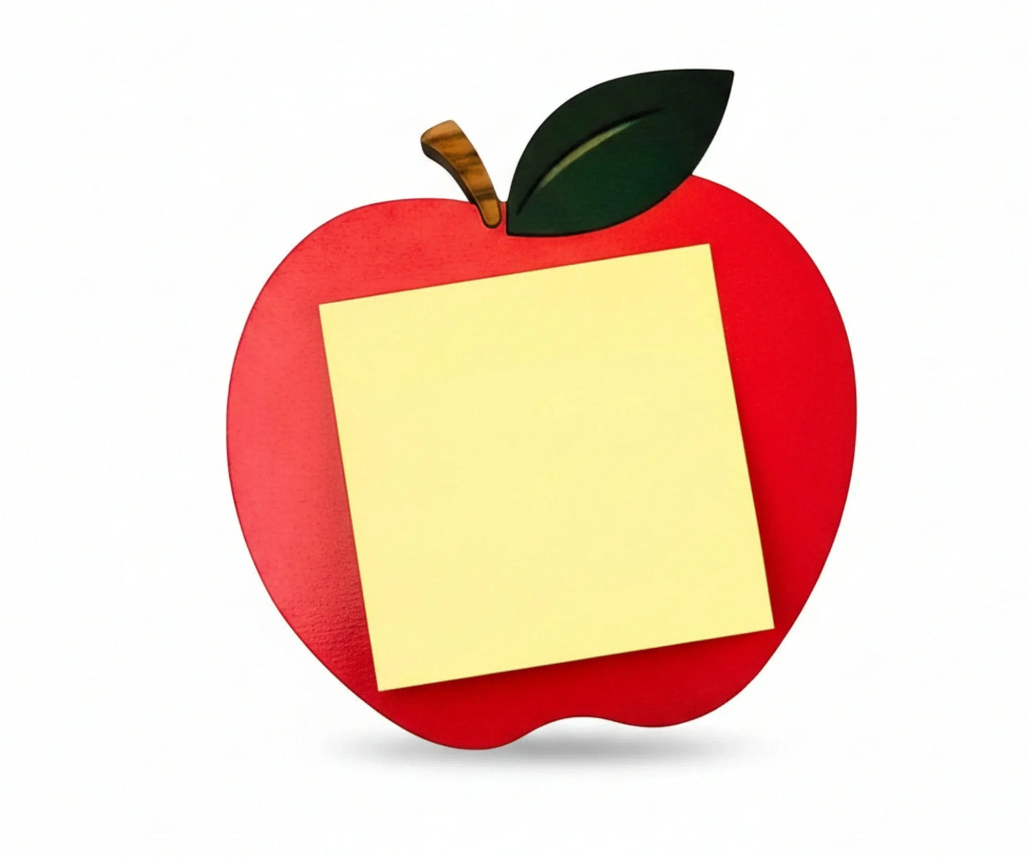 Mommie Peas Creations red apple sticky note holder made of laser cut wood with a yellow sticky note.