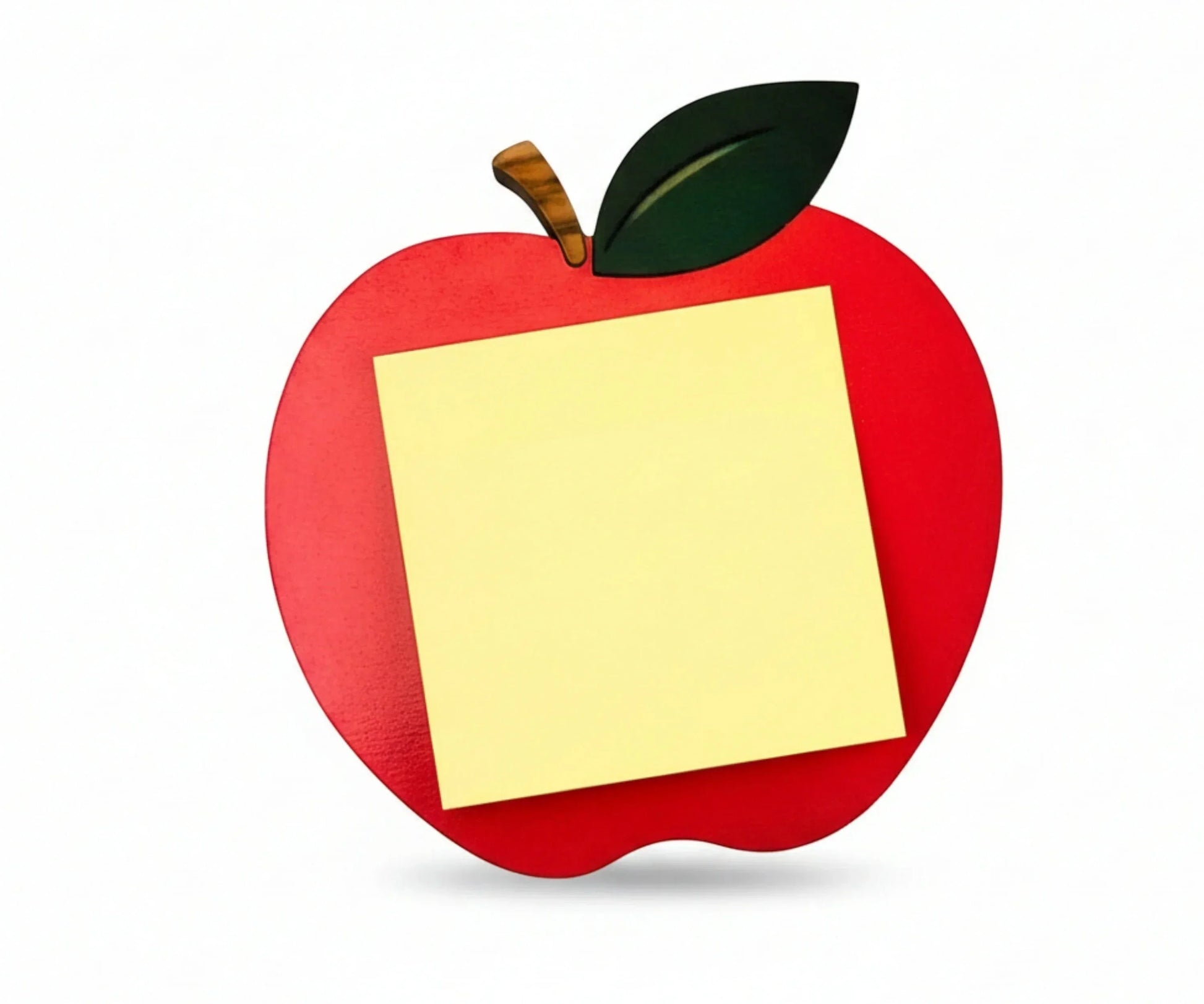 Mommie Peas Creations red apple sticky note holder made of laser cut wood with a yellow sticky note.
