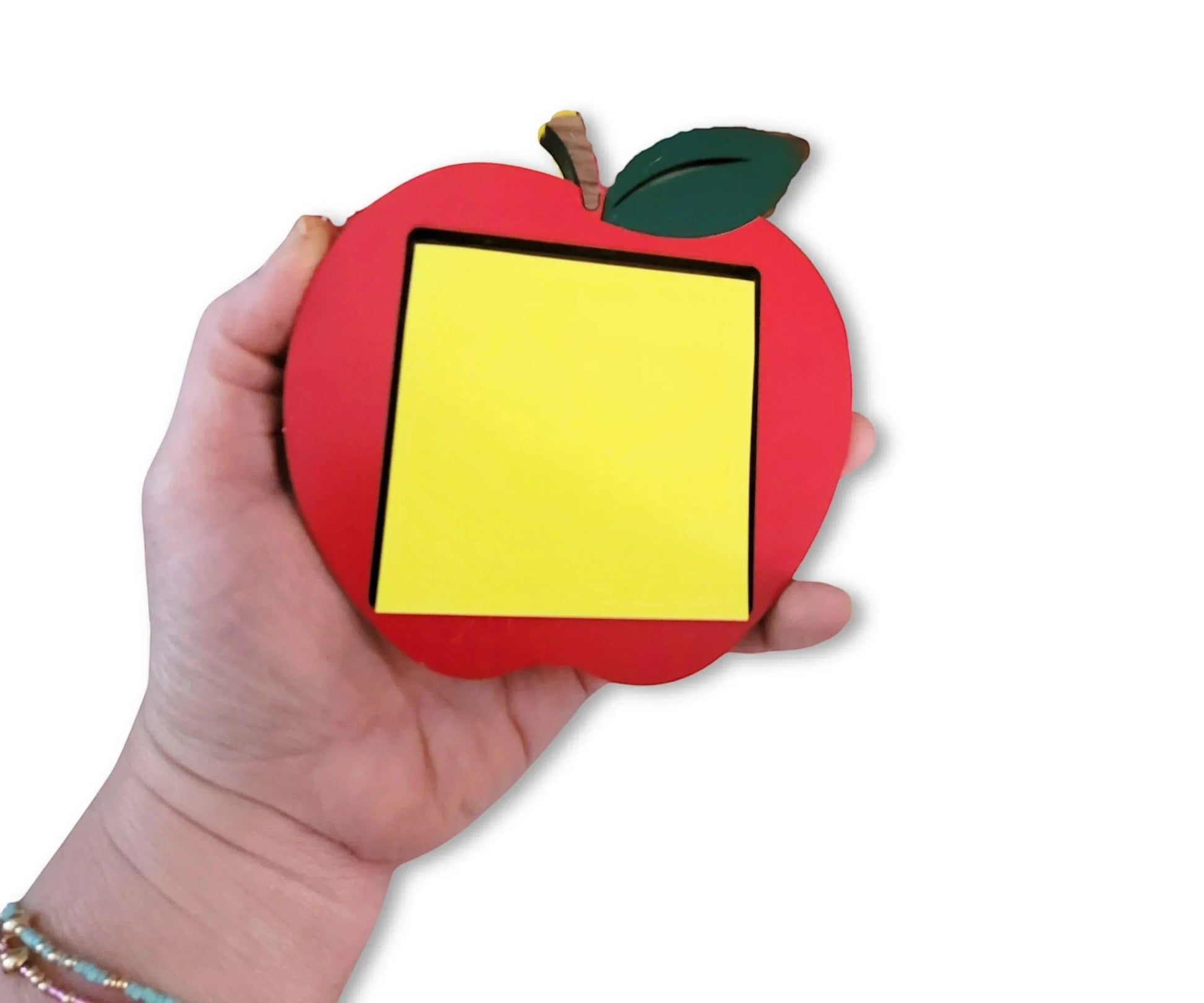 Mommie Peas Creations red apple sticky note holder with yellow notepad, made from laser cut wood.
