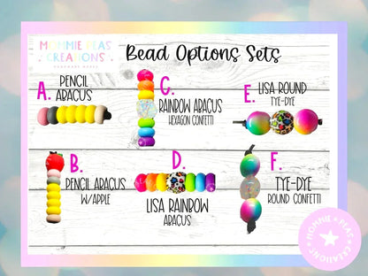 Mommie Peas Creations bead options for lanyards: pencil abacus, rainbow abacus, lisa round tie-dye, pencil abacus with apple, lisa rainbow abacus, tie-dye round confetti.