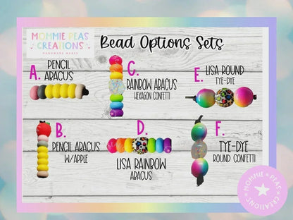Mommie Peas Creations bead options for lanyards: pencil abacus, rainbow abacus, lisa round tie-dye, lisa rainbow abacus, and tie-dye round confetti.