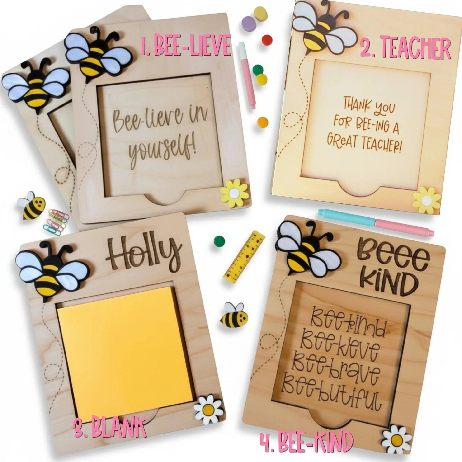 Mommie Peas Creations wooden bee notepad holder with personalized name 'Holly' and yellow sticky notes. Features laser-cut bees and flowers.