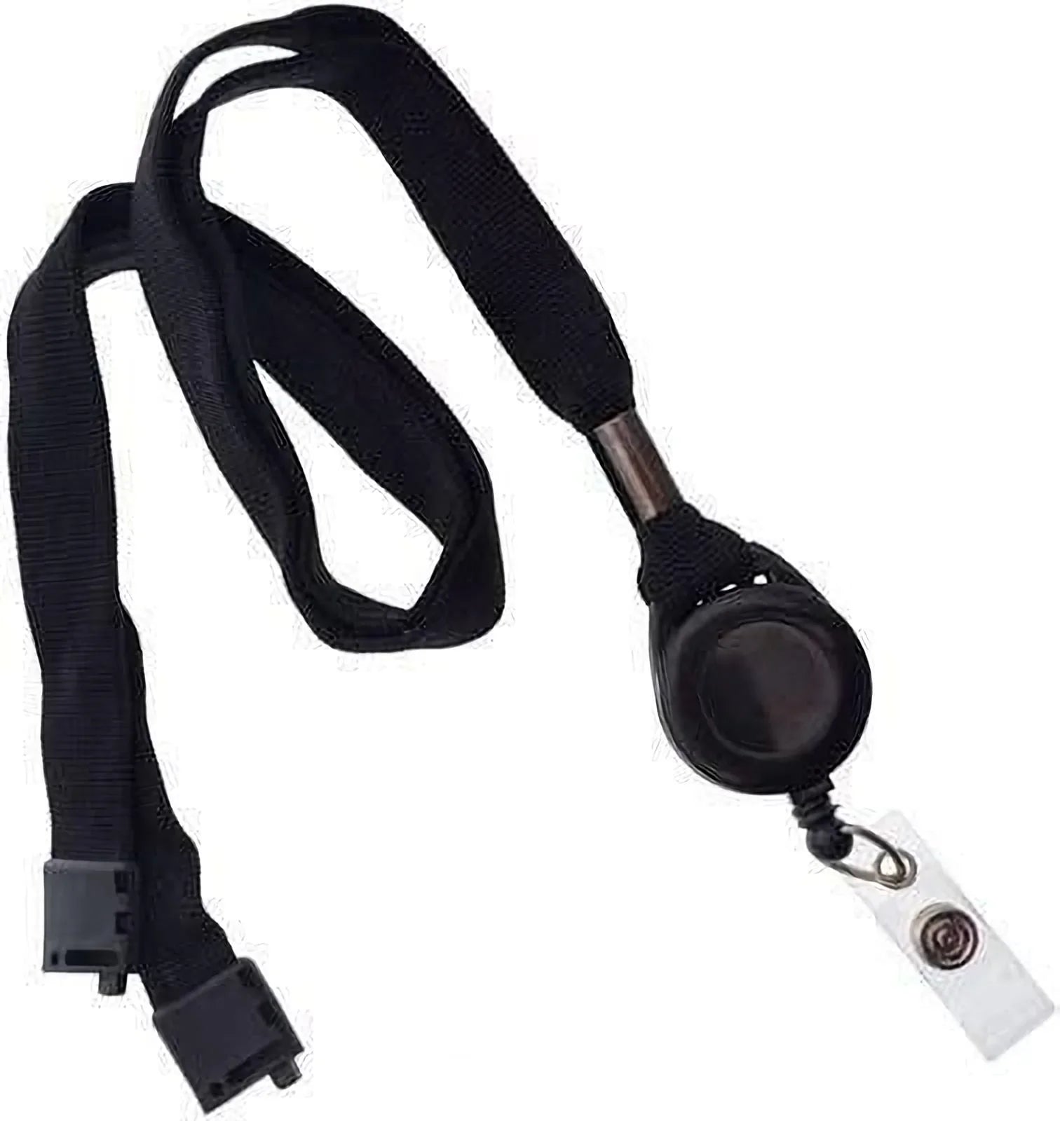 Mommie Peas Creations black fabric lanyard with retractable badge reel and plastic clip.
