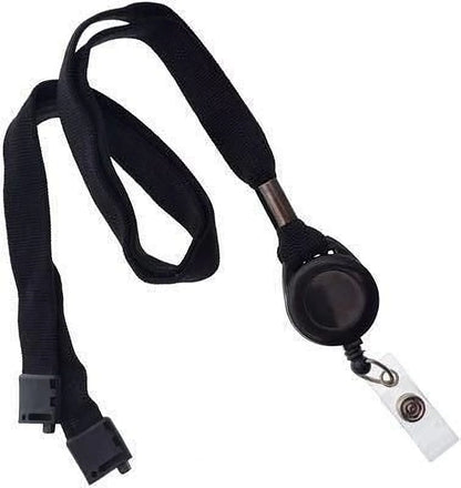 Mommie Peas Creations black fabric lanyard with retractable badge reel and plastic clip.