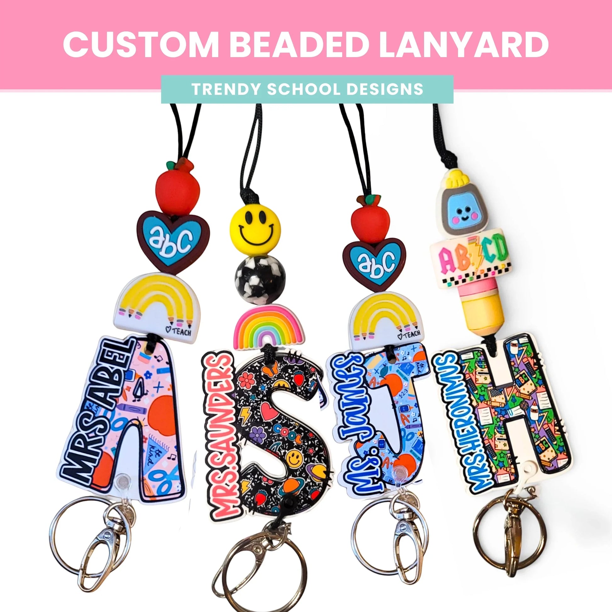 Mommie Peas Creations custom beaded lanyard with 'Abc_checkers' motif, featuring personalized teacher names, silicone beads, and a breakaway clasp.