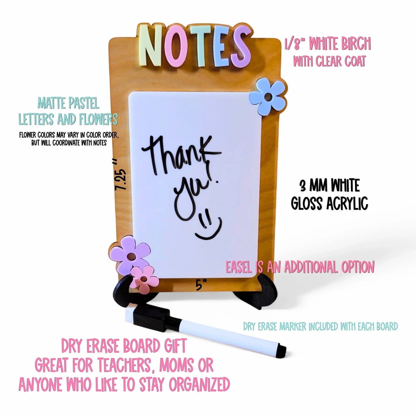 Mommie Peas Creations handmade dry erase notes board with pastel letters and flower accents. Made from white birch and gloss acrylic, includes marker.