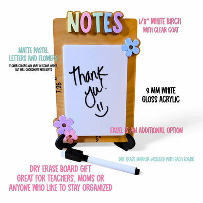 Mommie Peas Creations handmade dry erase notes board with pastel letters and flower accents. Made from white birch and gloss acrylic, includes marker.