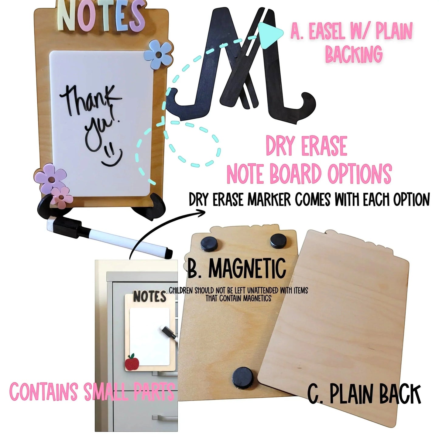 Mommie Peas Creations reusable dry erase note board made of white birch wood with colorful 3D acrylic letters spelling NOTES and decorative flowers. Includes easel stand or magnetic backing options.