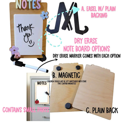 Mommie Peas Creations reusable dry erase note board made of white birch wood with colorful 3D acrylic letters spelling NOTES and decorative flowers. Includes easel stand or magnetic backing options.