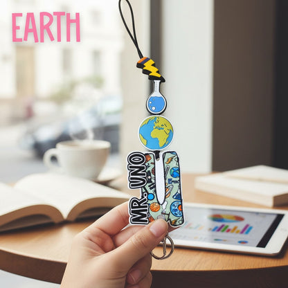 Mommie Peas Creations Earth science lanyard with planet Earth, flask, and lightning bolt charms. Features "MR. UNO" personalization.