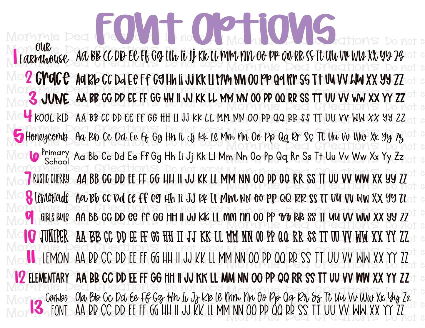 Mommie Peas Creations font options chart showing various fonts for personalized teacher lanyards.