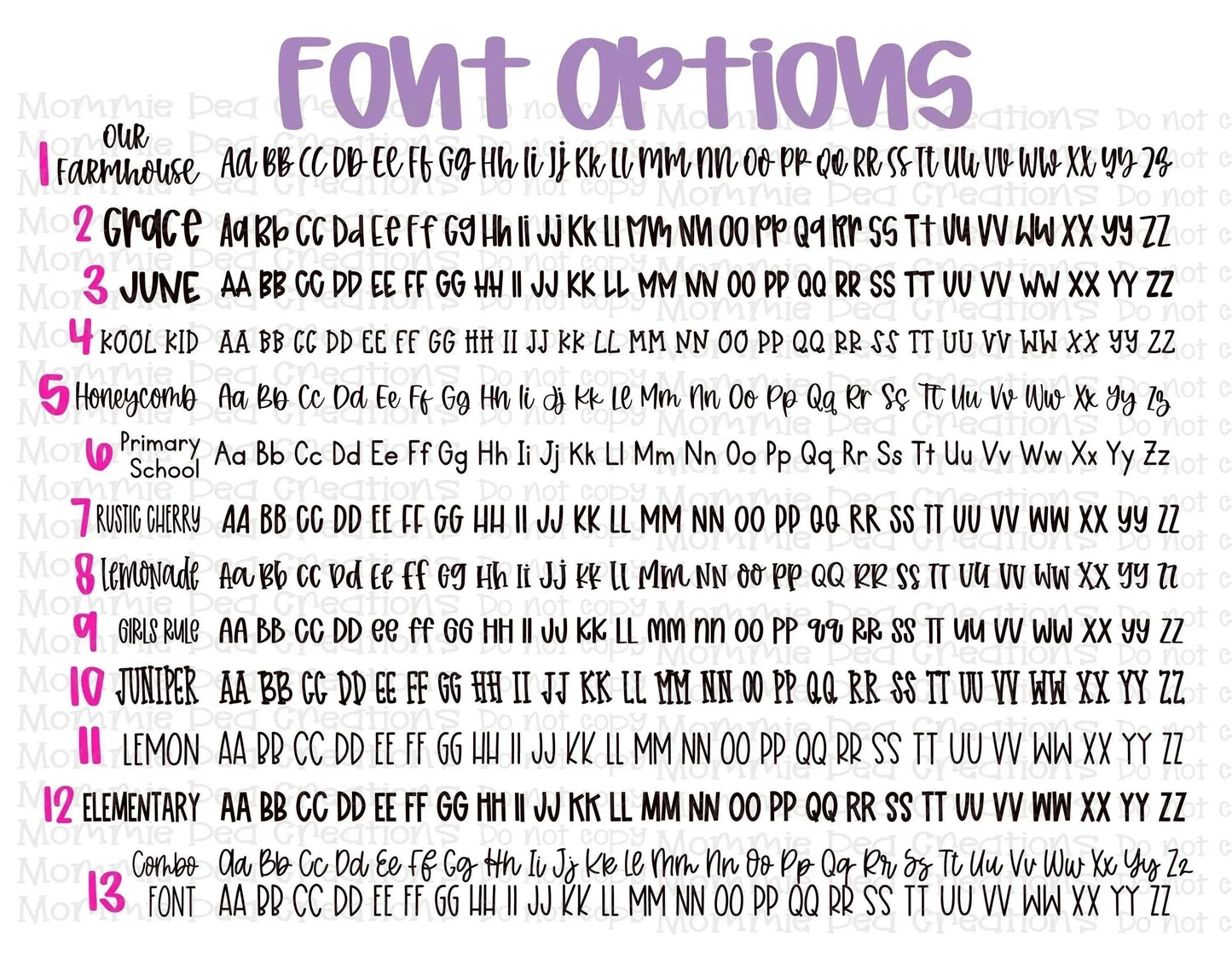 Mommie Peas Creations font options chart showing 13 different font styles with sample text and letters.