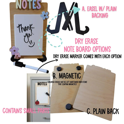 Mommie Peas Creations handmade dry erase notes board with pastel lettering and flower accents. Includes easel, magnetic, or plain back options.