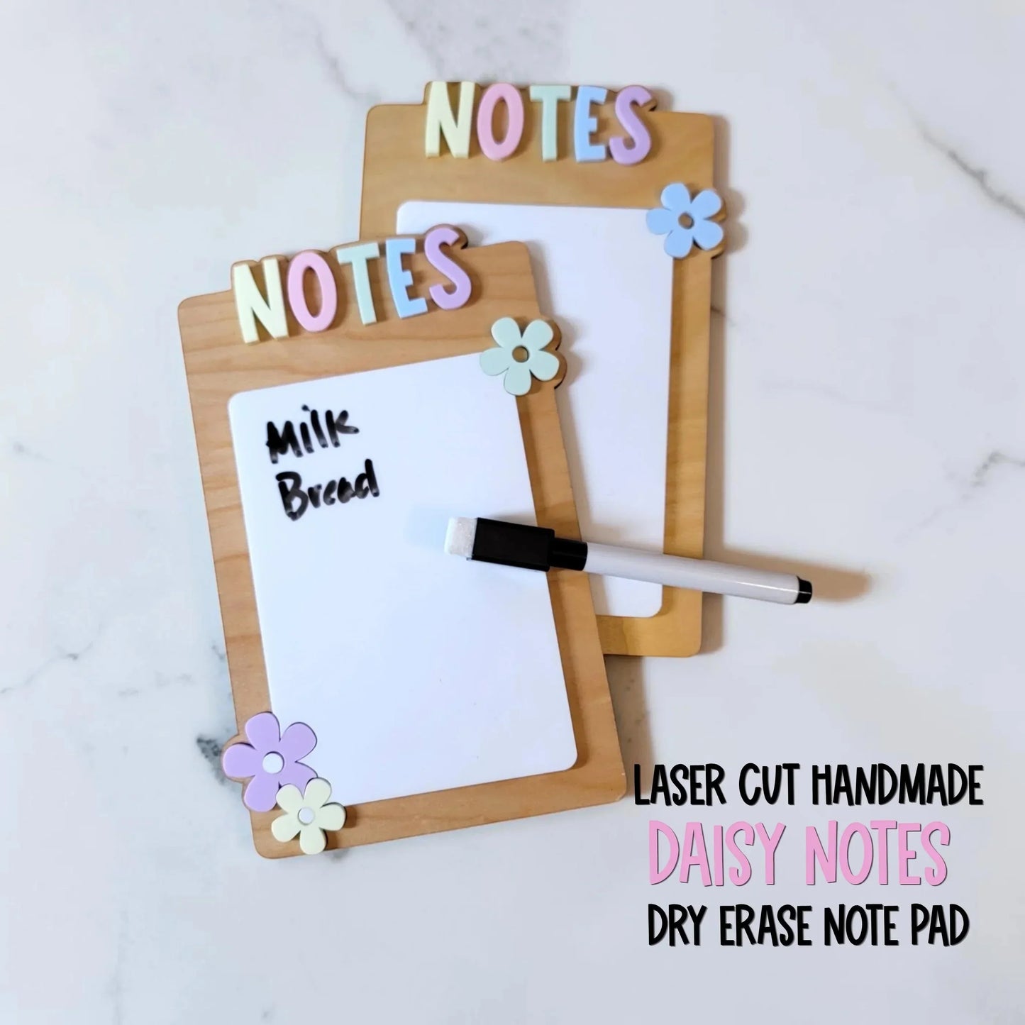 Mommie Peas Creations handmade laser cut dry erase notes board with pastel lettering and flower accents. Includes dry erase marker.