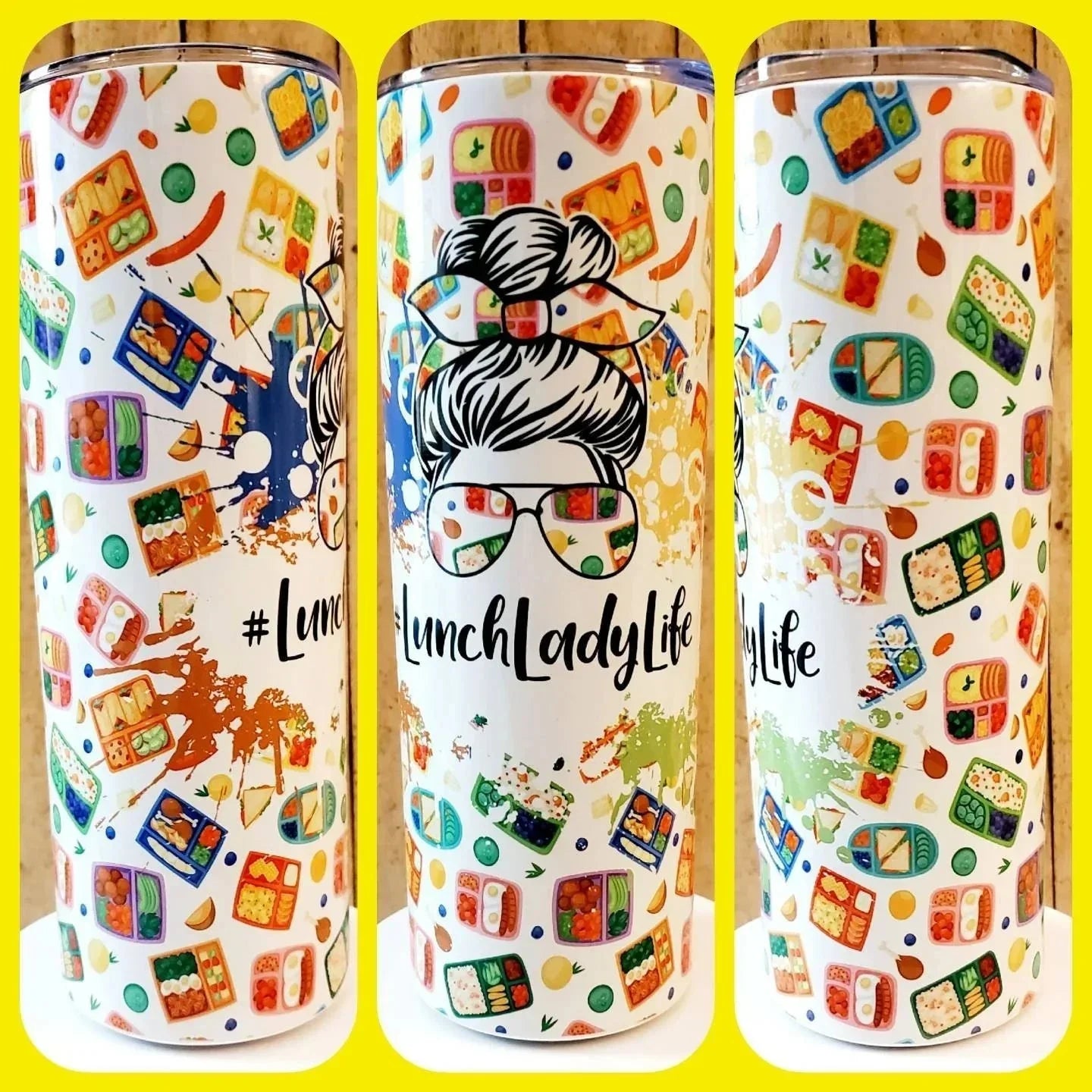 Mommie Peas Creations white 20 oz stainless steel tumbler with a colorful lunchbox pattern and 'Lunch Lady Life' graphic.