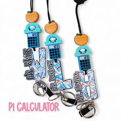 Mommie Peas Creations Math Teacher Lanyard with acrylic charms: ruler, calculator, and pi. Features personalized letter charms with teacher names.