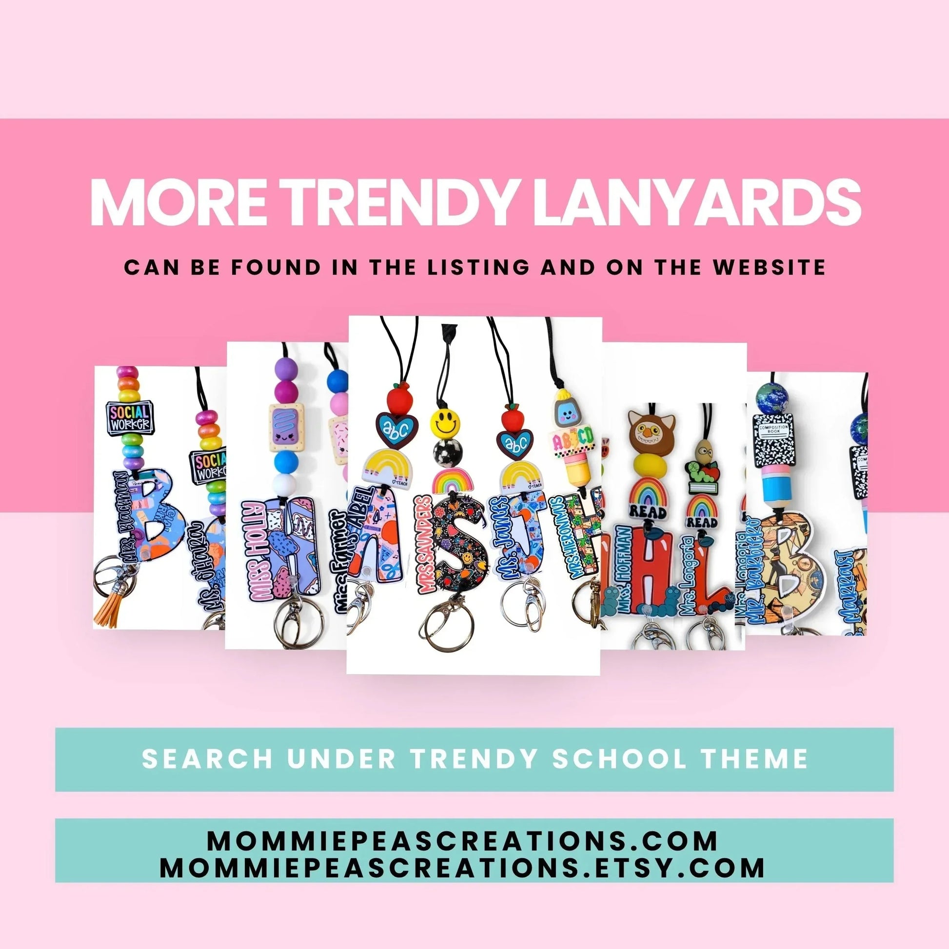Mommie Peas Creations math teacher lanyard with acrylic charms featuring calculators, chalkboards, and ABCs. Includes colorful beads and a breakaway clasp.