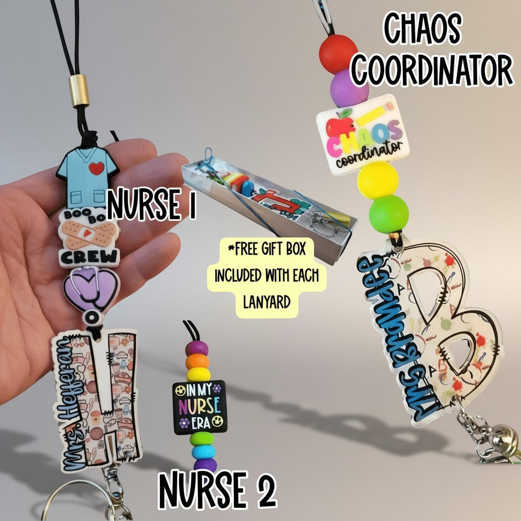 Mommie Peas Creations personalized nurse lanyard with silicone beads, stethoscope, and "In My Nurse Era" charm.