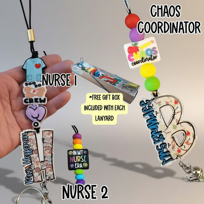 Mommie Peas Creations personalized nurse lanyard with silicone beads, stethoscope, and "In My Nurse Era" charm.