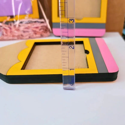 Mommie Peas Creations yellow, pink, and gray laser cut wooden pencil Post-it note holder for teacher desk.