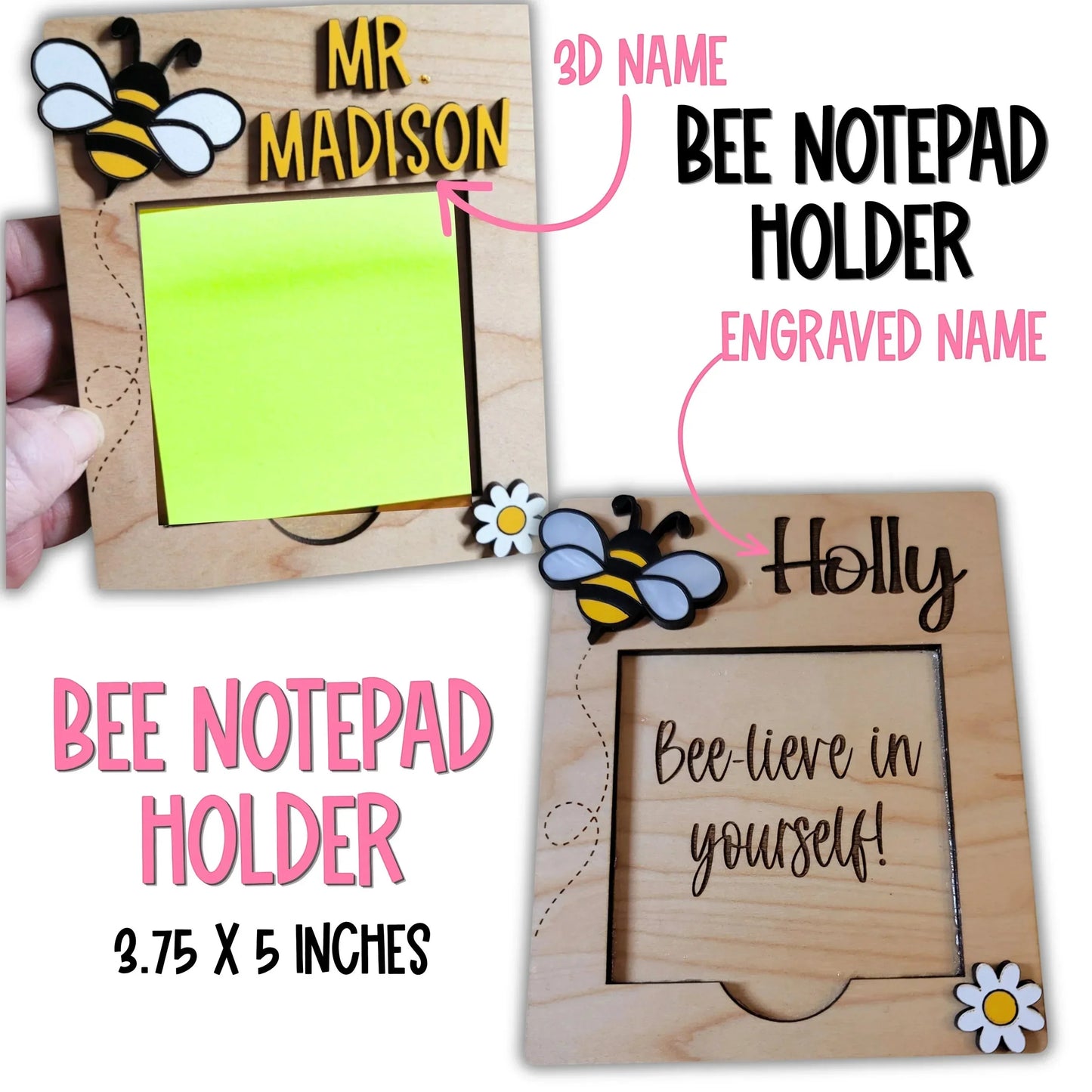 Mommie Peas Creations personalized wood bee notepad holder with "Mr. Madison" 3D name or "Holly" engraved name. Features bee and flower accents.
