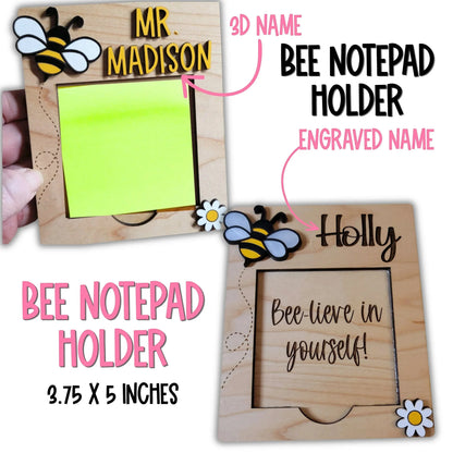 Mommie Peas Creations personalized wood bee notepad holder with "Mr. Madison" 3D name or "Holly" engraved name. Features bee and flower accents.