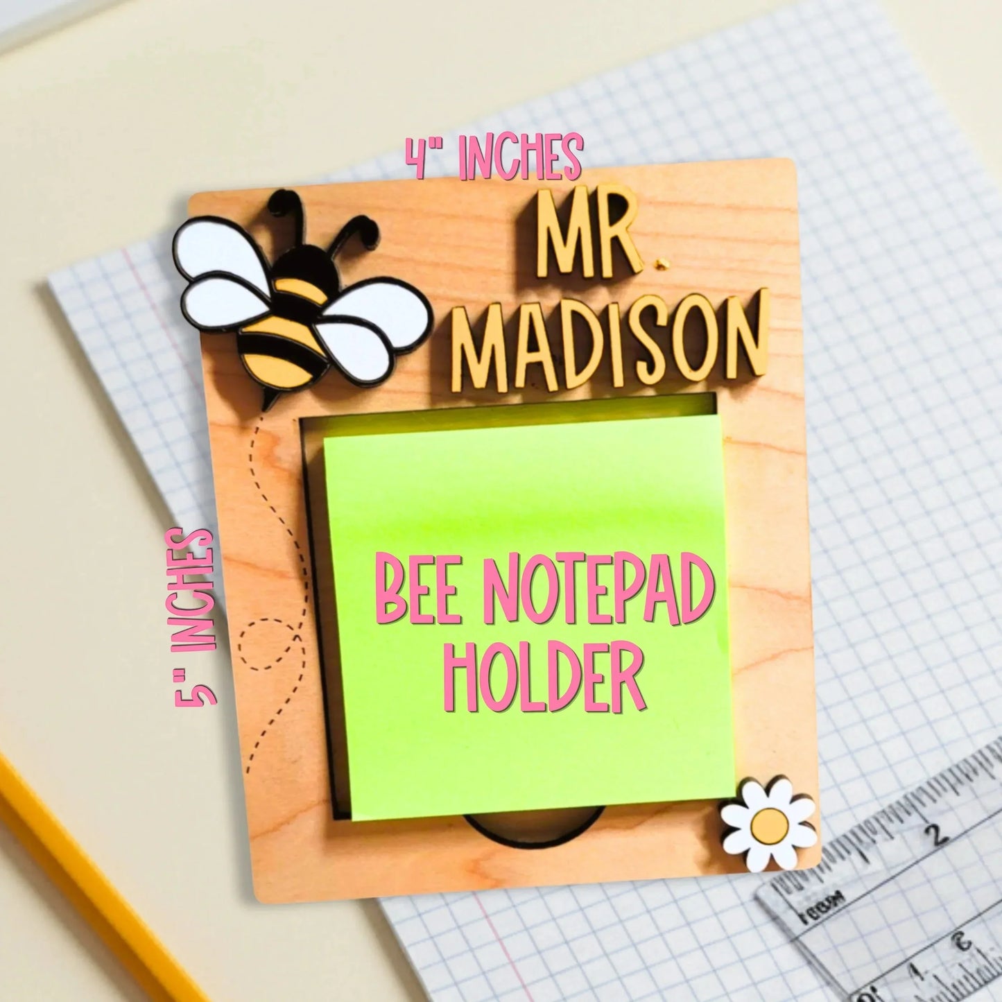 Mommie Peas Creations personalized wood bee notepad holder with "Mr. Madison" text, fits 3x3 sticky notes, ideal teacher gift.