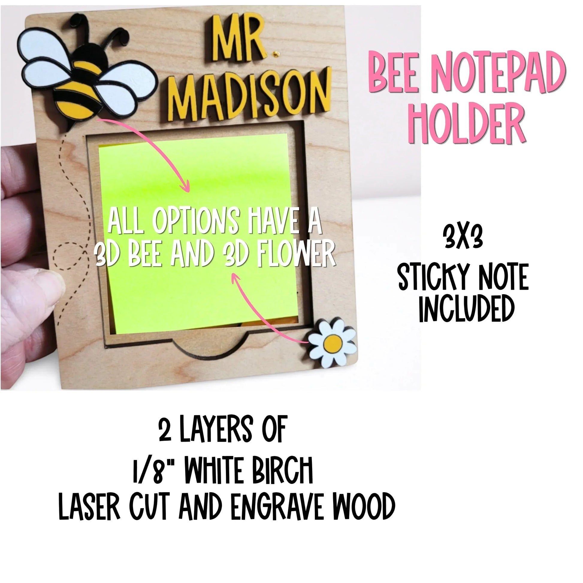 Mommie Peas Creations personalized bee notepad holder made of white birch wood with "MR. MADISON" engraved. Features 3D bee and flower accents.