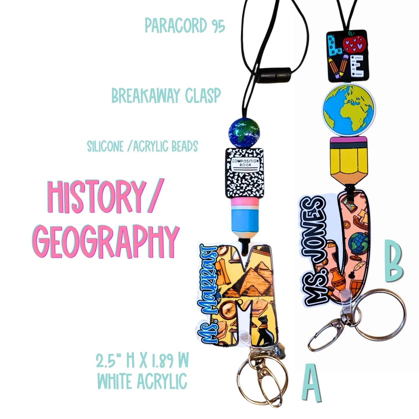 Mommie Peas Creations personalized teacher lanyard with silicone beads, acrylic charms featuring a globe, pencil, and custom initial.