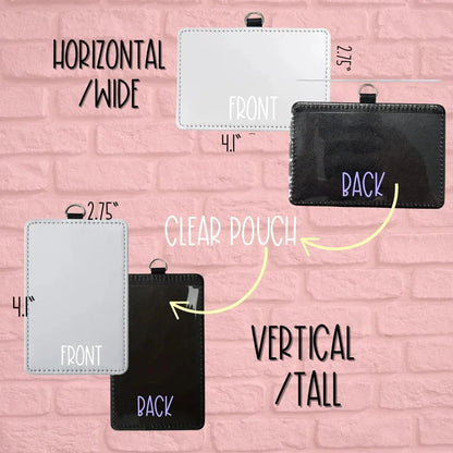 Mommie Peas Creations horizontal and vertical PU leather ID badge holders with clear sleeves in black and white.