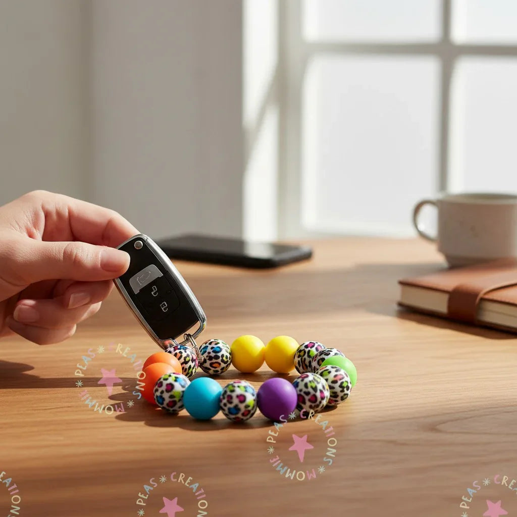 Mommie Peas Creations rainbow leopard print silicone beaded wristlet keychain with bright solid color beads and a silver keyring.