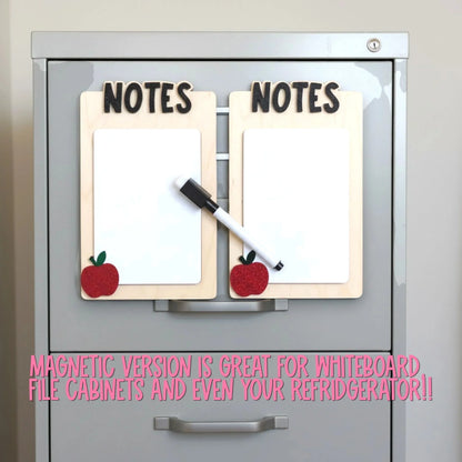 Mommie Peas Creations reusable dry erase notes board with wooden frame, glitter apple accent, and black 3D text. Includes marker. Showing as magnetic option.