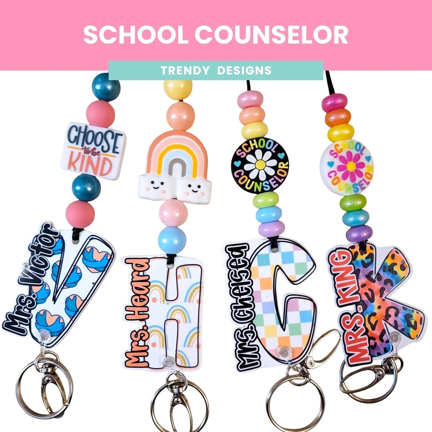 Mommie Peas Creations school counselor lanyards with custom acrylic letter charms, rainbow, and 'Choose Kind' designs, accented with colorful silicone beads.