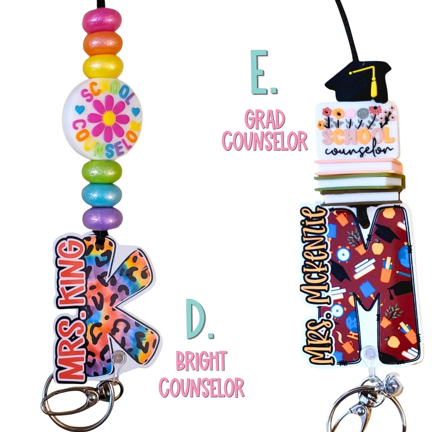 Mommie Peas Creations custom acrylic lanyard with colorful beads, a "School Counselor" charm, and a leopard print initial.