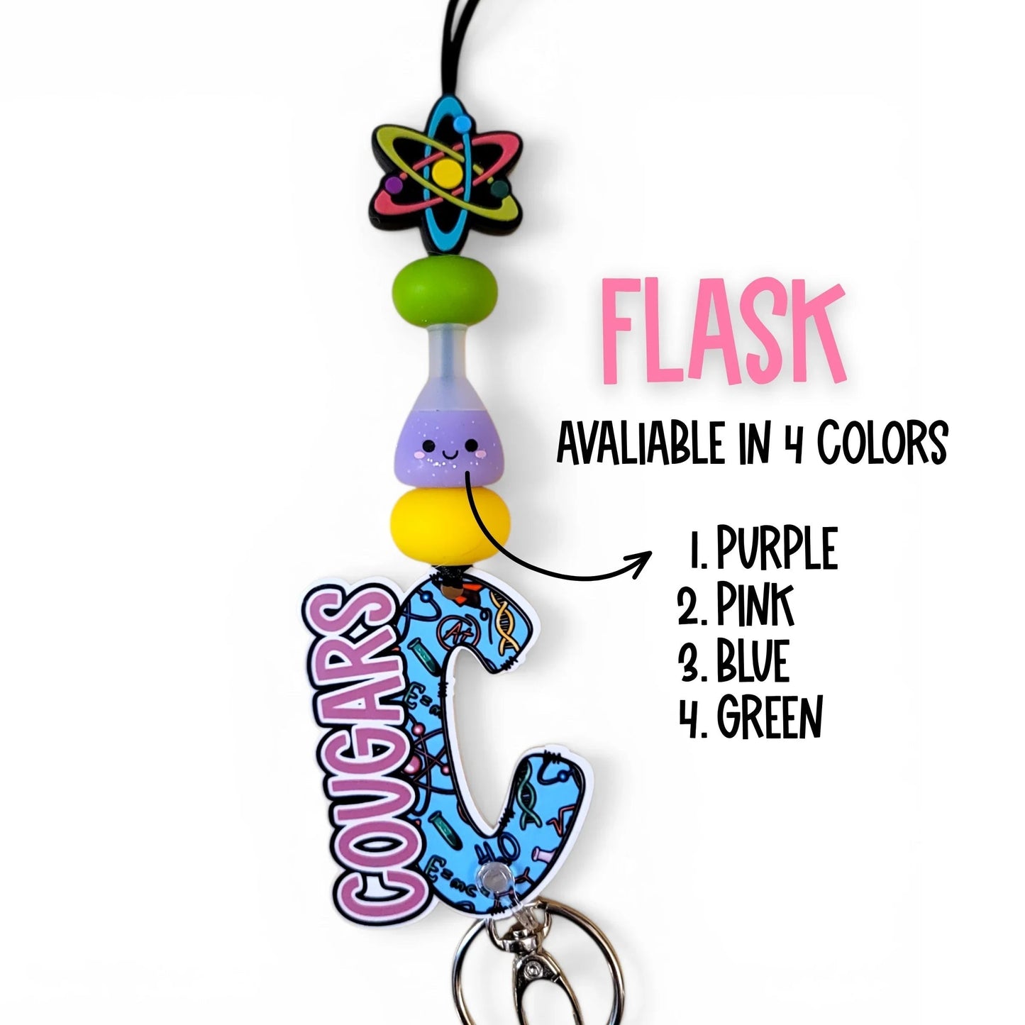 Mommie Peas Creations science lanyard with atom charm, silicone beads, and a blue 'Cougars' acrylic charm featuring science icons. Available in 4 colors.