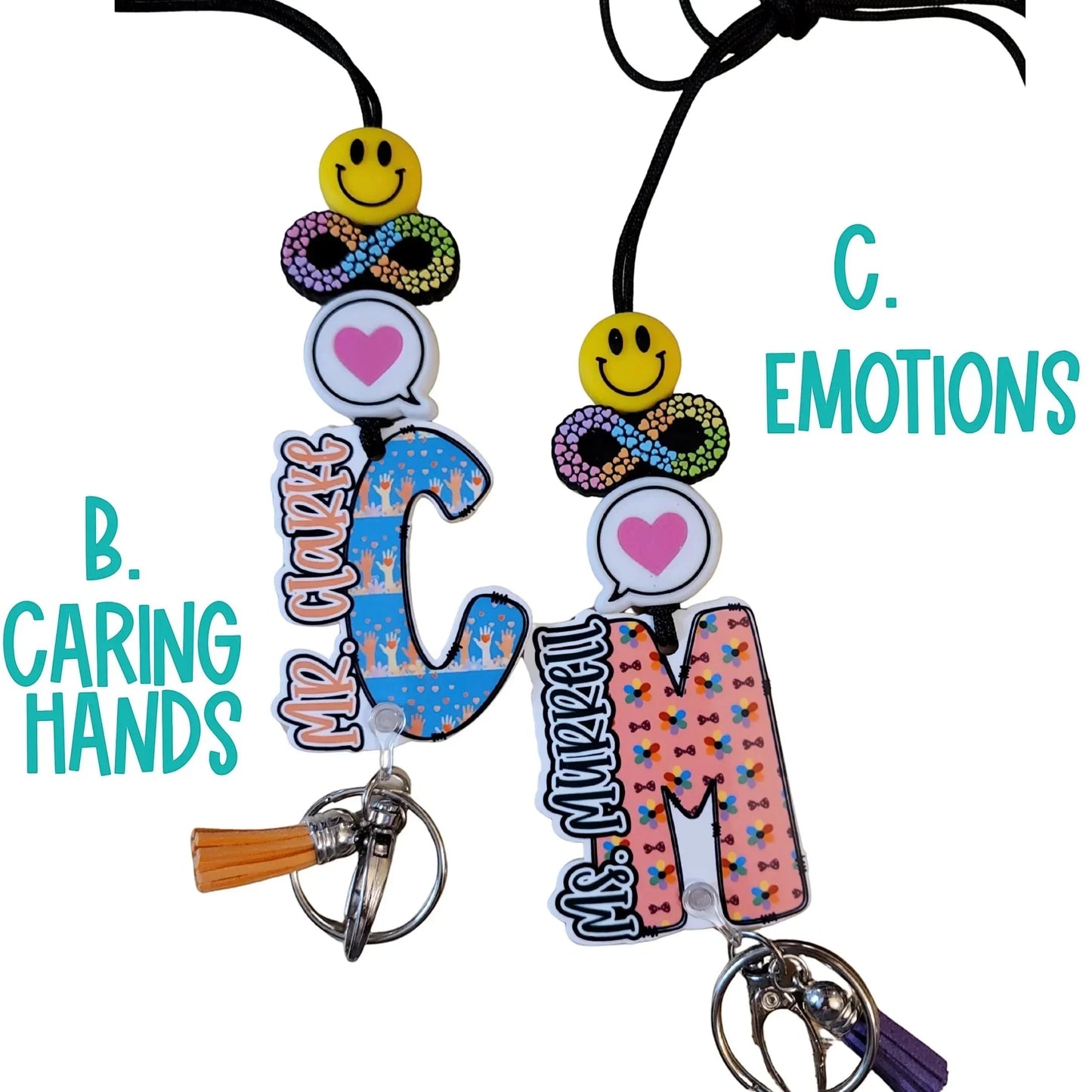 Mommie Peas Creations custom acrylic lanyards for special education teachers. Features smiley face, infinity symbol, heart, and personalized letters with unique designs like 'Caring Hands' and 'Emotions'.