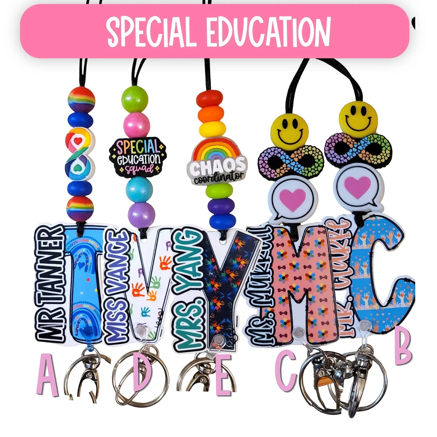Mommie Peas Creations custom acrylic lanyards for special education teachers with colorful beads and personalized names. Designs include SPED Squad, Neuro Rainbow, and Chaos Coordinator.