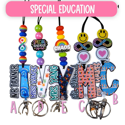 Mommie Peas Creations custom acrylic lanyards for special education teachers with colorful beads and personalized names. Designs include SPED Squad, Neuro Rainbow, and Chaos Coordinator.