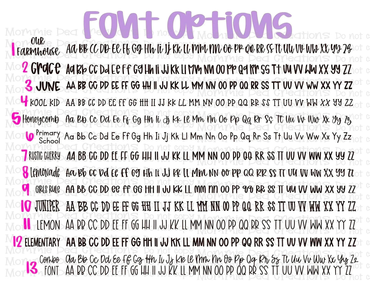 Mommie Peas Creations font options for custom teacher badge holders, showcasing 13 different styles.