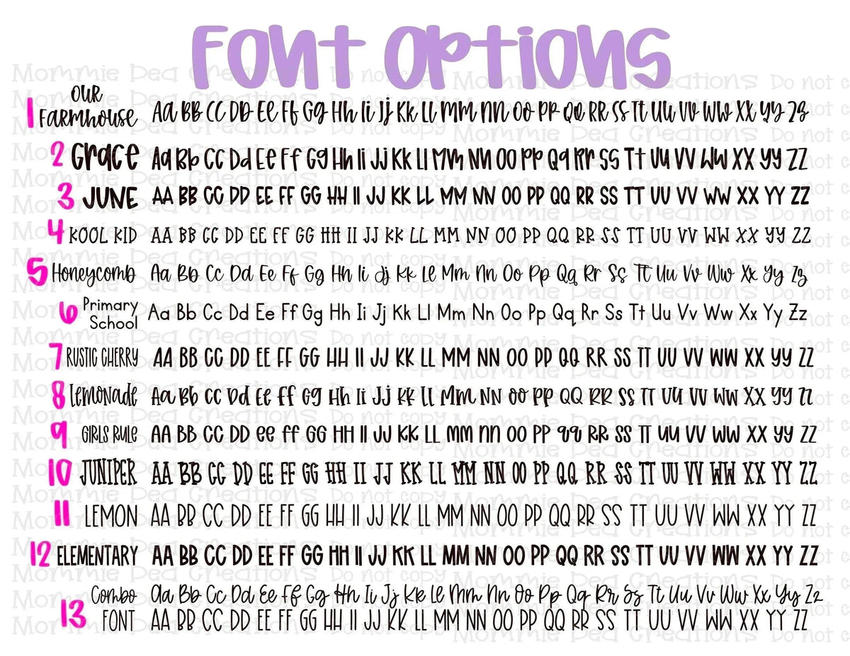 Mommie Peas Creations font options for custom teacher badge holders, showcasing 13 different styles.