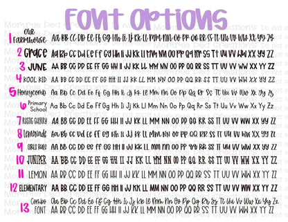 Mommie Peas Creations font options for custom teacher badge holders, showcasing 13 different styles.