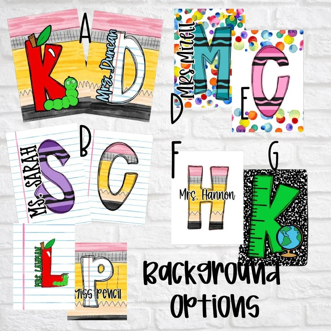 Mommie Peas Creations custom teacher badge holder background options featuring colorful letter designs like an apple, crayon, pencils, and ruler.