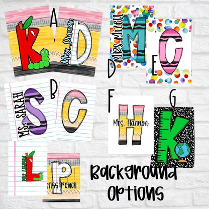 Mommie Peas Creations custom teacher badge holder background options featuring colorful letter designs like an apple, crayon, pencils, and ruler.