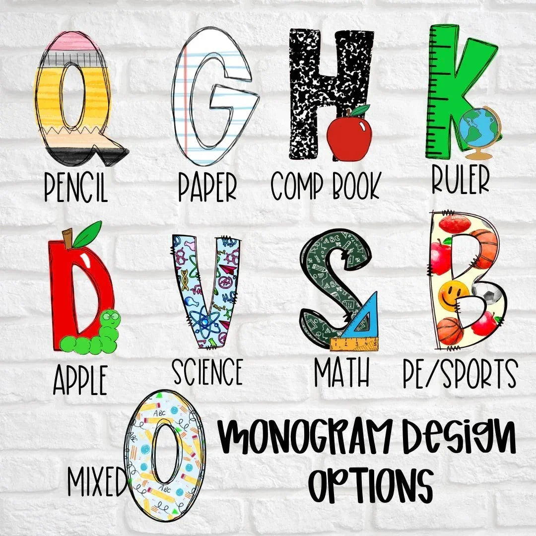 Mommie Peas Creations custom teacher badge holder options with school-themed monograms like pencil, paper, apple, science, math, and sports.