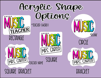 Mommie Peas Creations custom acrylic shape options for teacher lanyards, featuring 'MUSIC' in colorful letters and customizable text like 'TEACHER' or 'MRS. CARTER'.