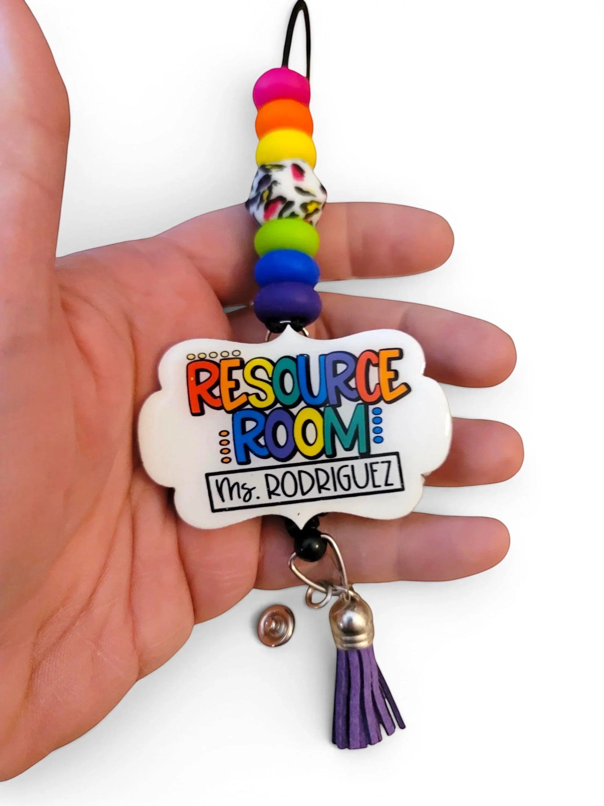Mommie Peas Creations teacher lanyard with rainbow leopard print beads, custom