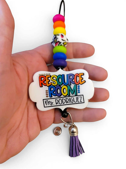 Mommie Peas Creations teacher lanyard with rainbow leopard print beads, custom