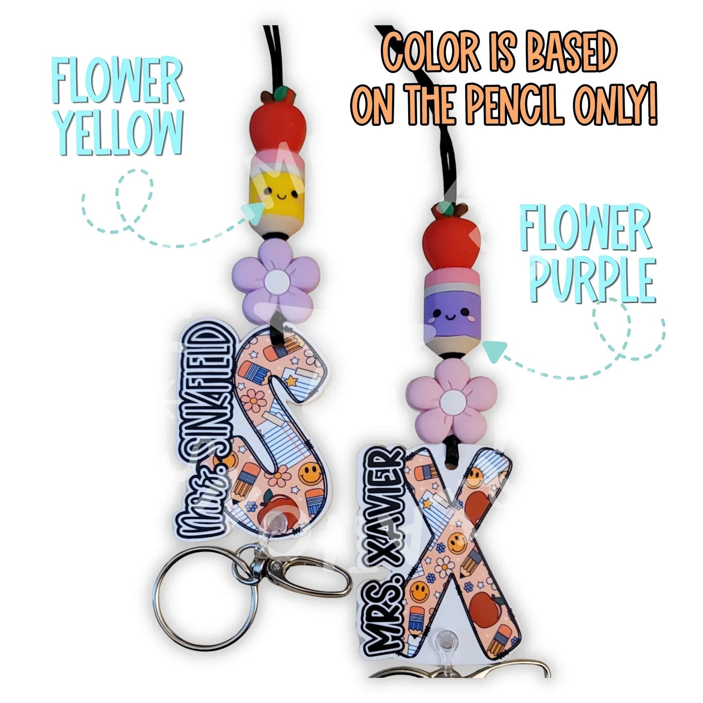 Mommie Peas Creations personalized teacher lanyard with silicone beads, acrylic charm, and breakaway clasp. Features school-themed designs.