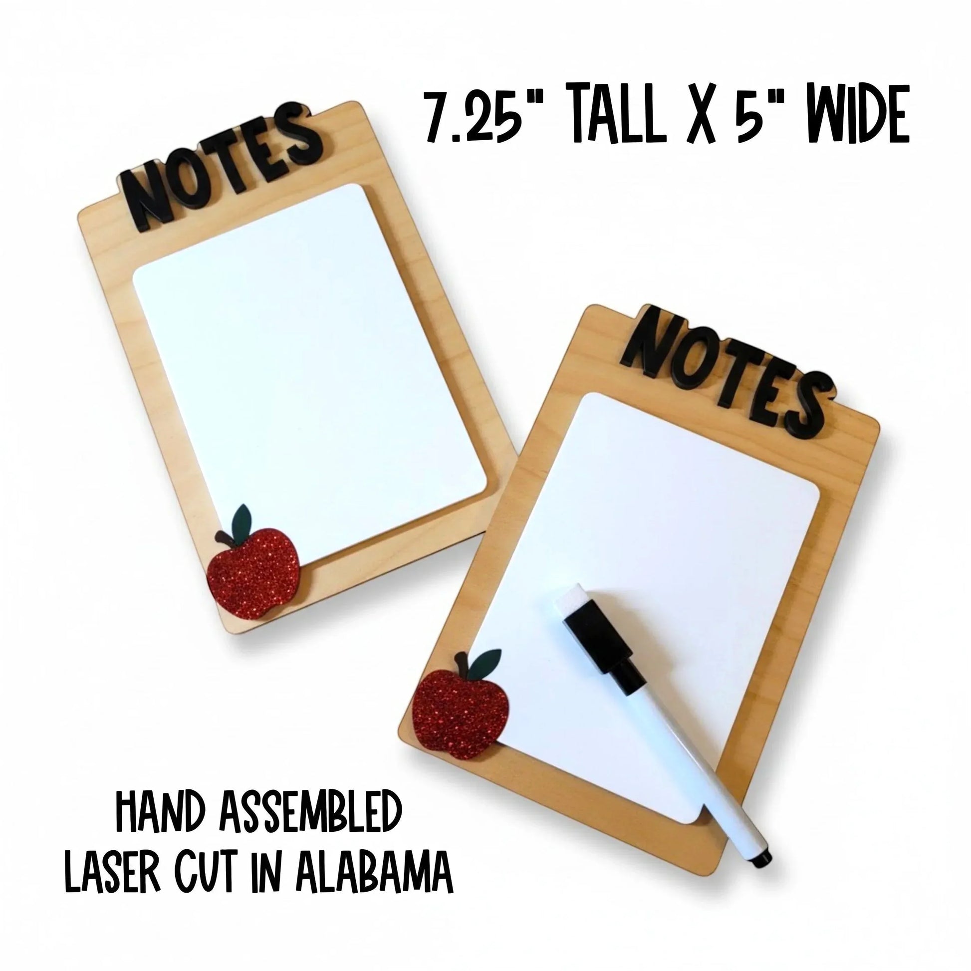 Mommie Peas Creations reusable dry erase notes board made of white birch wood with 3D acrylic apple and 'NOTES' text. Includes marker.
